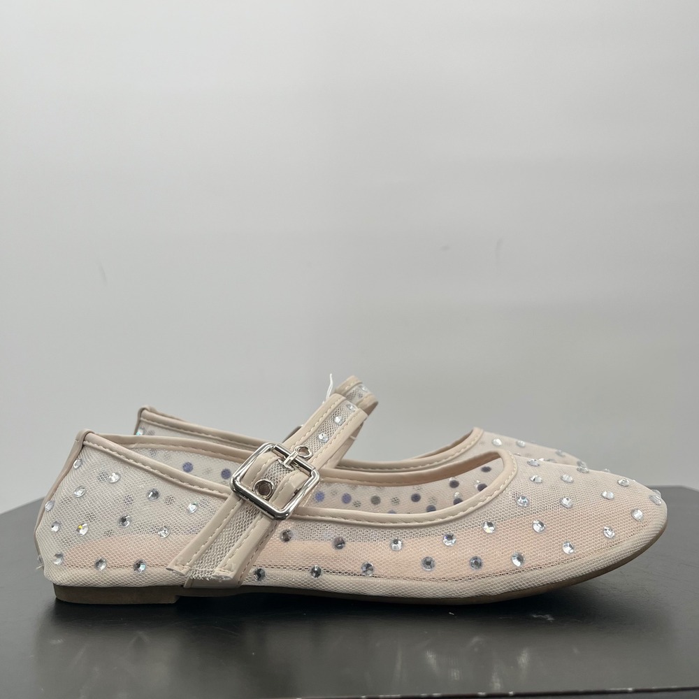Atalina Mary Jane Flats Women 7 Beige NWOB Mesh Rhinestone Buckle Strap Shoes
